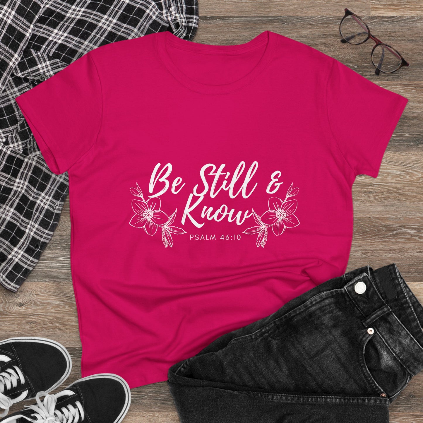Be Still & Know Tee — Women's Faith Floral T‑Shirt (Psalm 46:10)