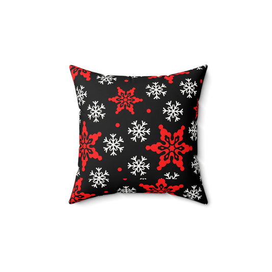 Holiday Snowflake Pillow — Red & White Snowflakes on Black Faux Suede