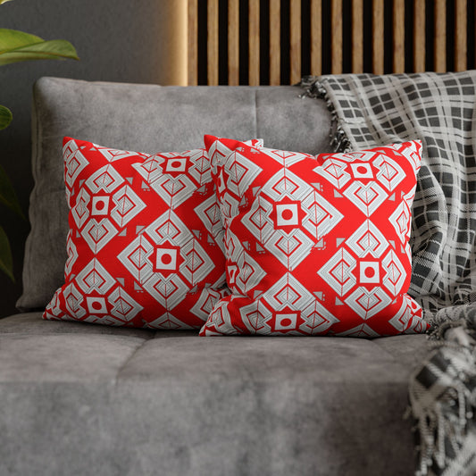 Red Geometric Square Pillowcase — Bold Tribal Pattern Decorative Throw Pillow