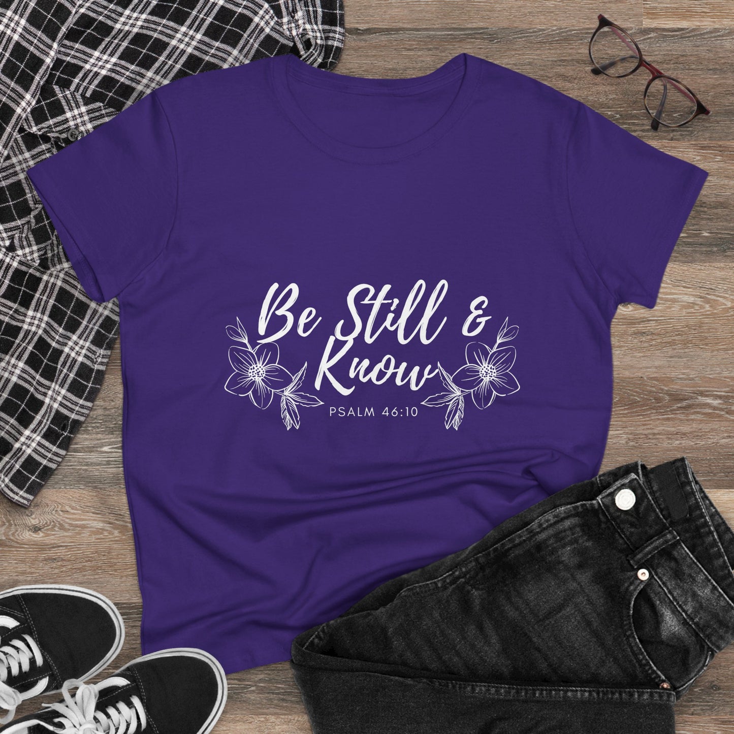 Be Still & Know Tee — Women's Faith Floral T‑Shirt (Psalm 46:10)