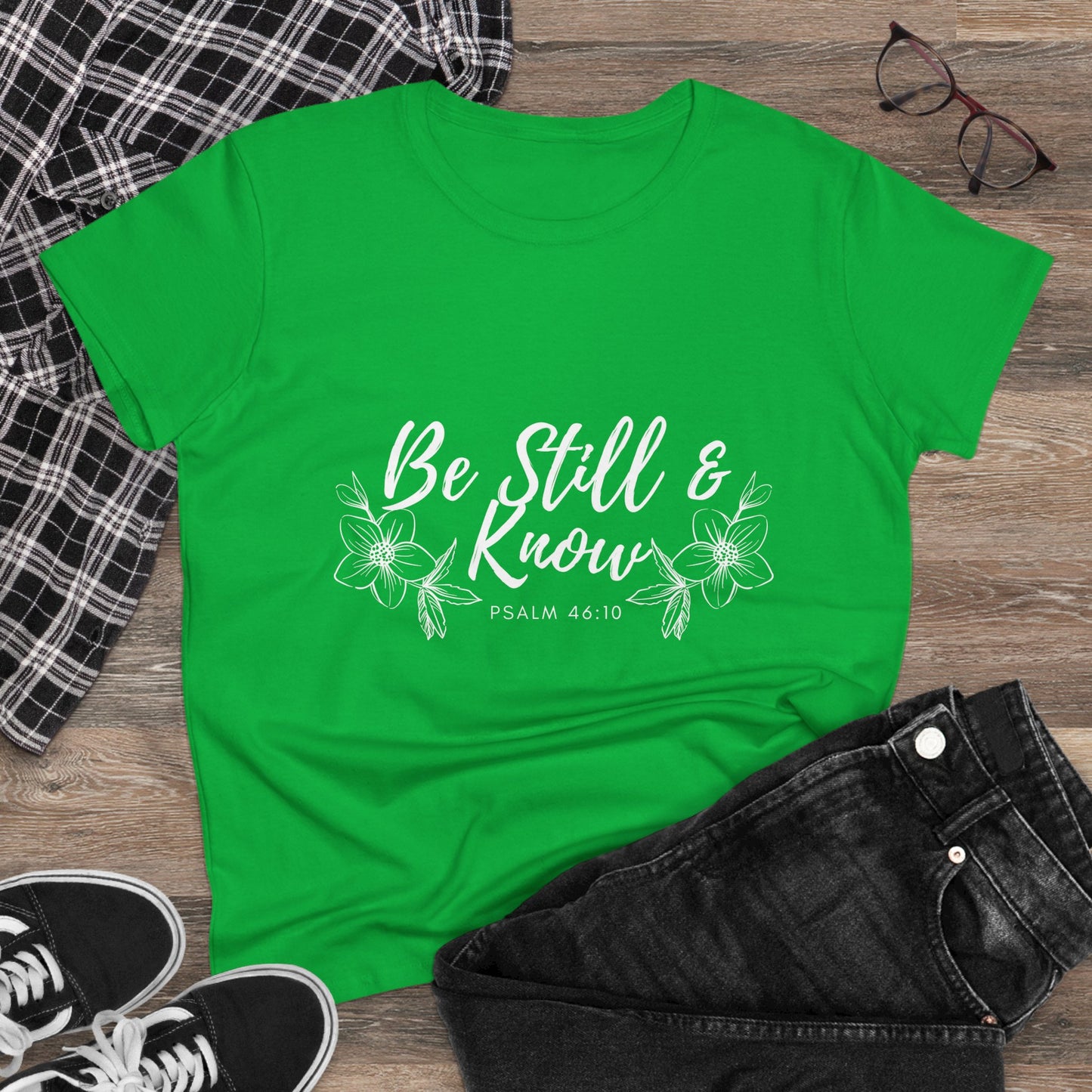 Be Still & Know Tee — Women's Faith Floral T‑Shirt (Psalm 46:10)