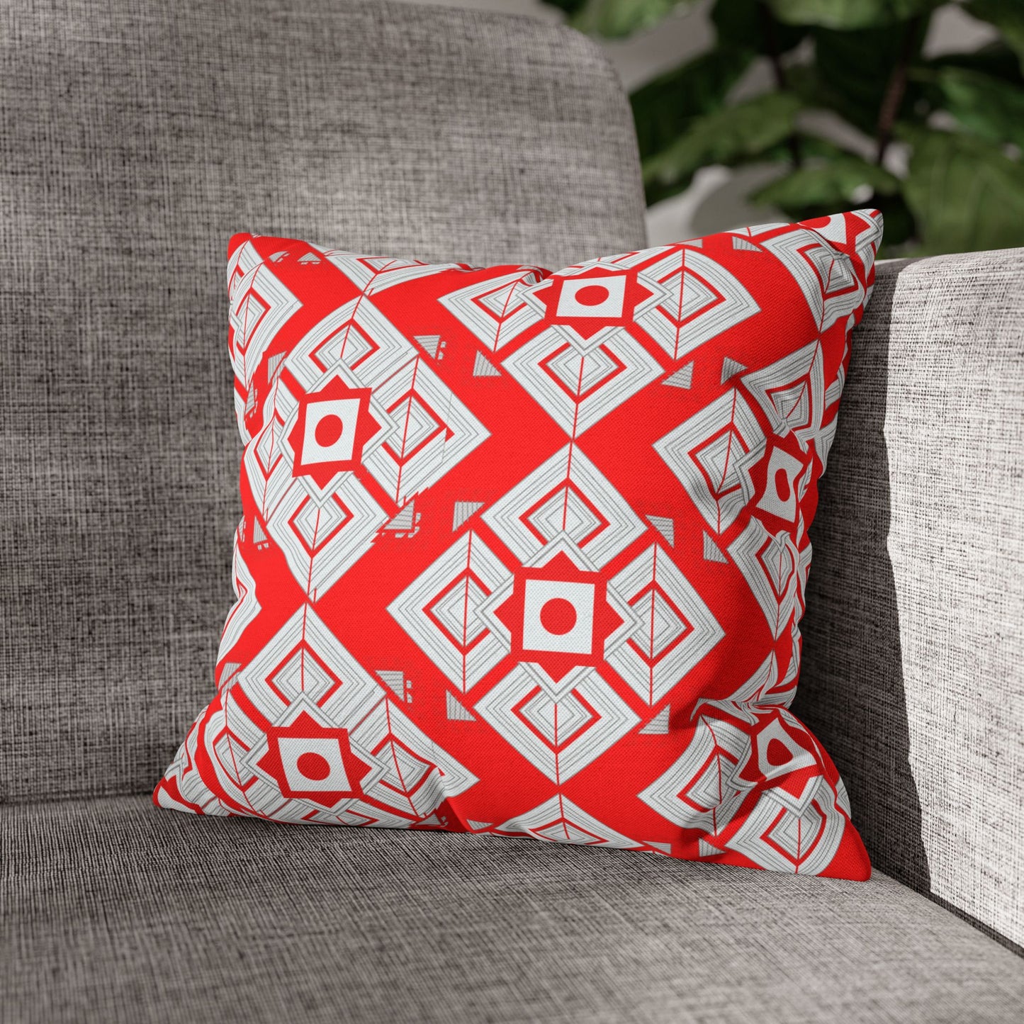 Red Geometric Square Pillowcase — Bold Tribal Pattern Decorative Throw Pillow