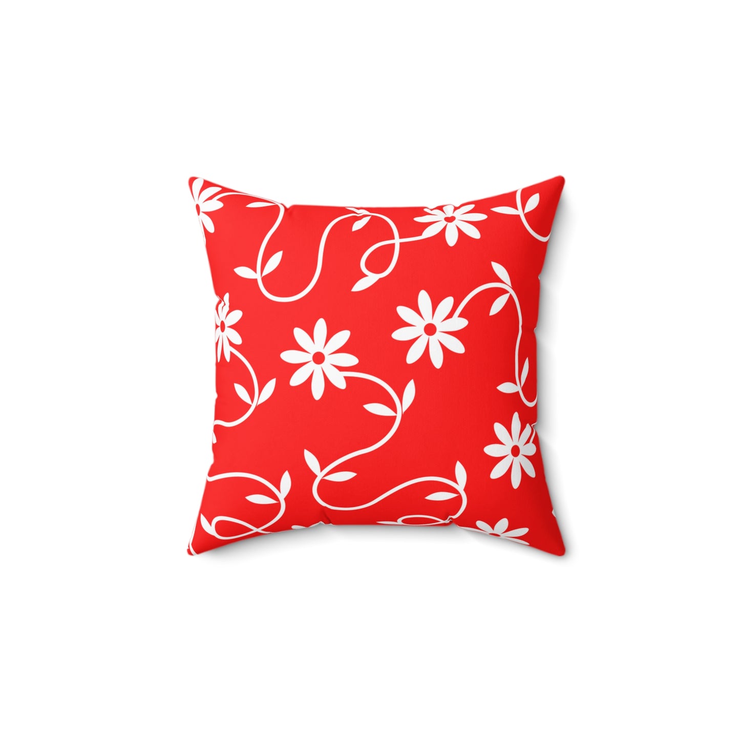 Red Floral Vine Square Pillow — Decorative Throw Pillow with White Daisies
