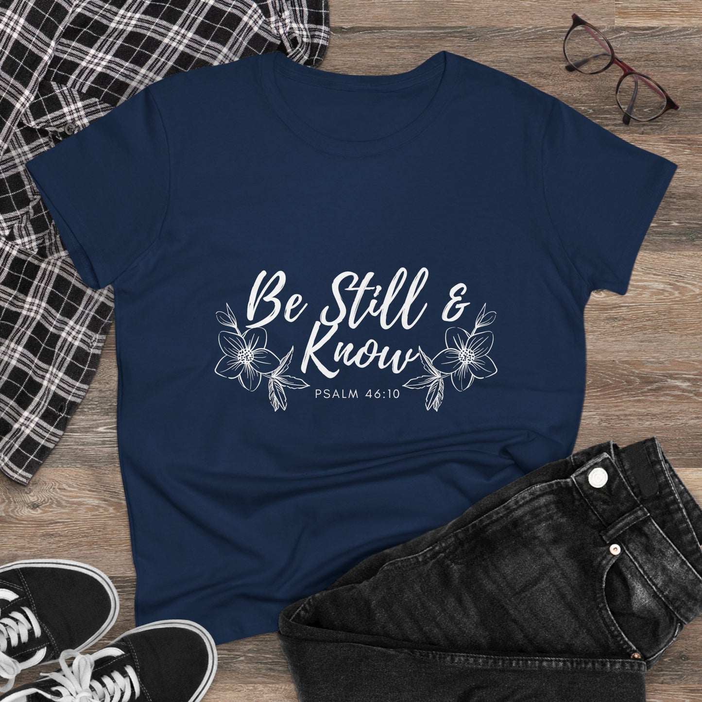 Be Still & Know Tee — Women's Faith Floral T‑Shirt (Psalm 46:10)