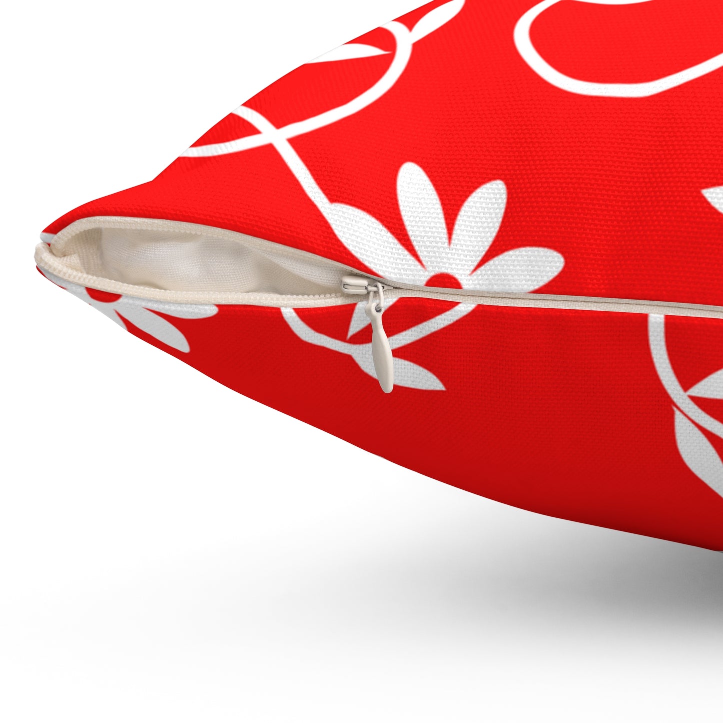 Red Floral Vine Square Pillow — Decorative Throw Pillow with White Daisies