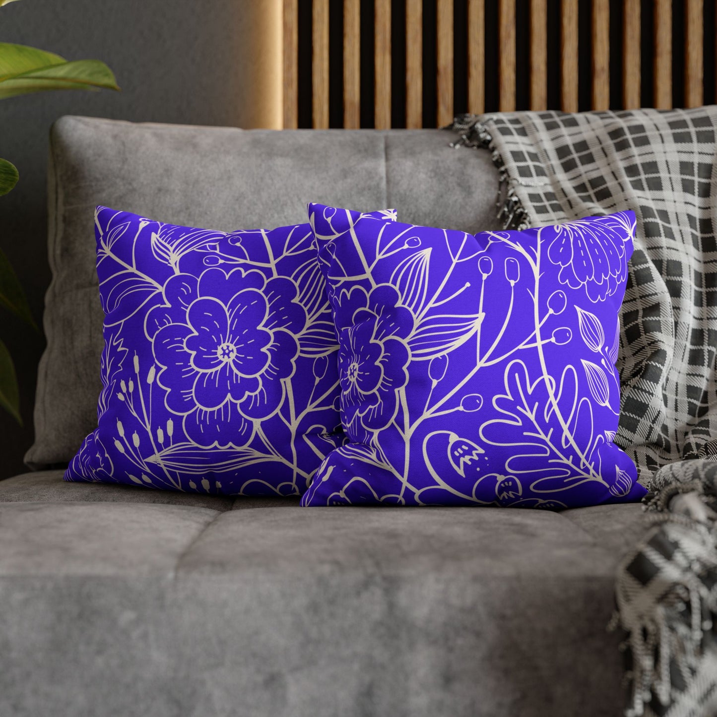 Floral Doodle Square Pillowcase — Bold Violet Botanical Throw Pillow Cover