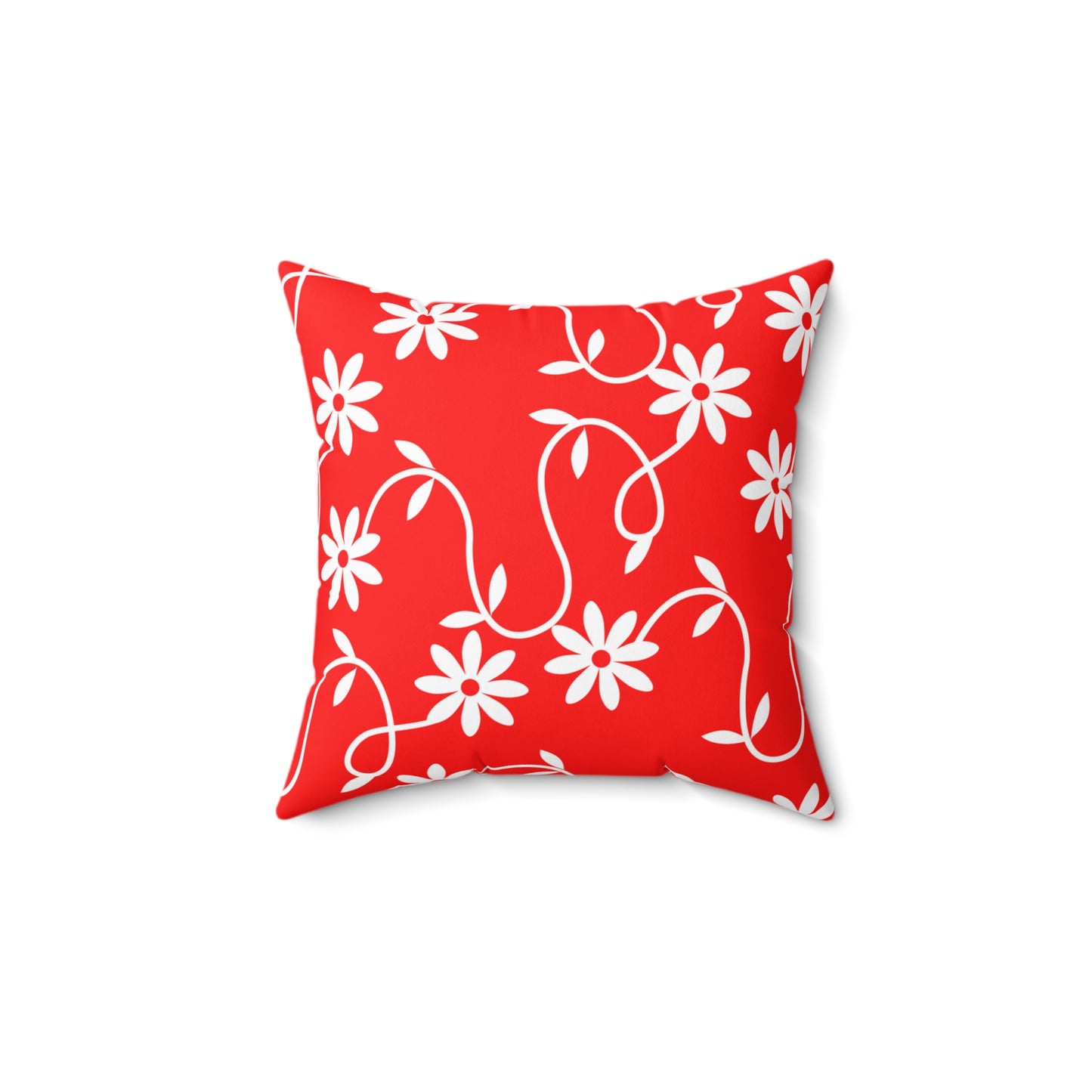 Red Floral Vine Square Pillow — Decorative Throw Pillow with White Daisies