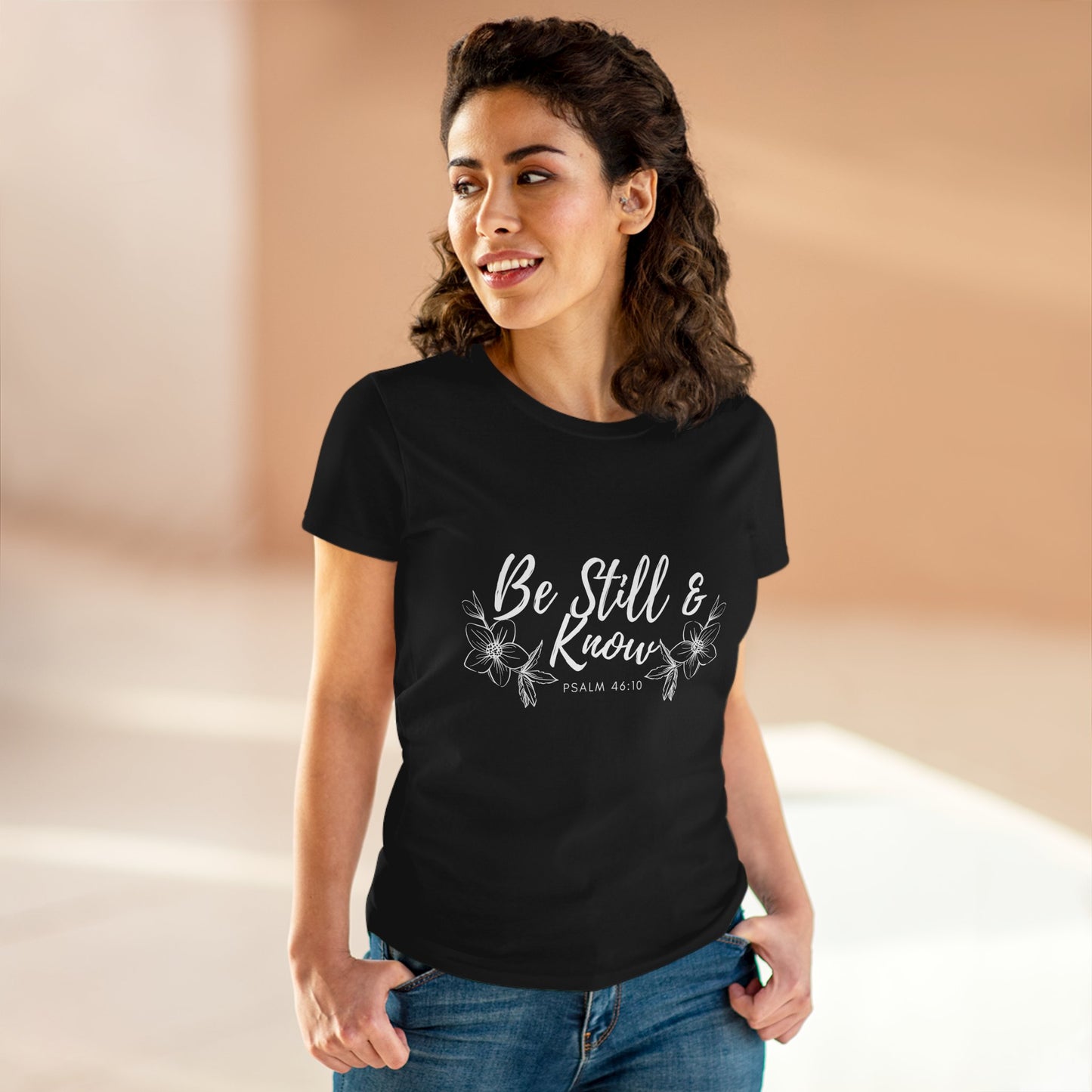 Be Still & Know Tee — Women's Faith Floral T‑Shirt (Psalm 46:10)