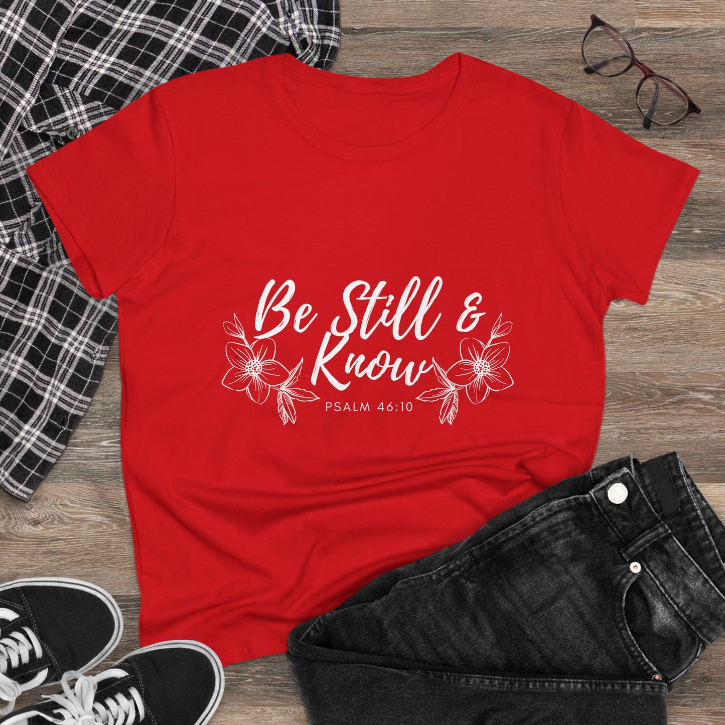 Be Still & Know Tee — Women's Faith Floral T‑Shirt (Psalm 46:10)