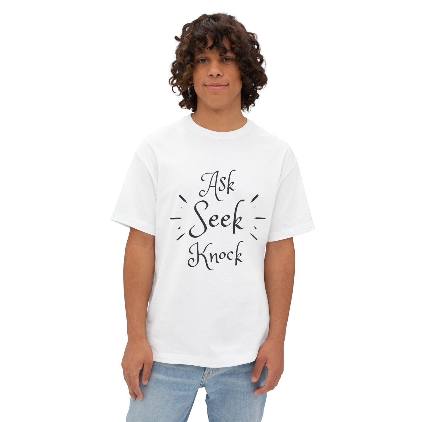 Ask Seek Knock Oversized Tee — Inspirational Christian Quote T‑Shirt