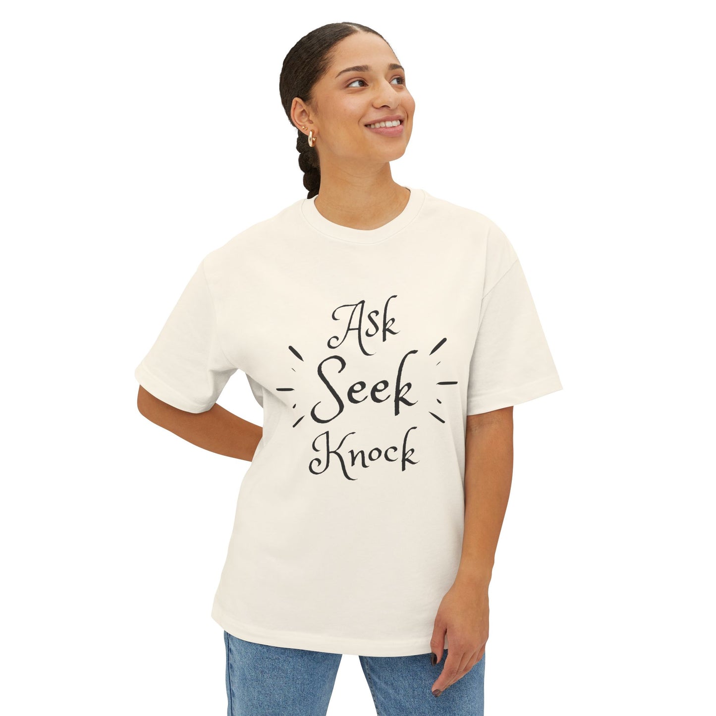 Ask Seek Knock Oversized Tee — Inspirational Christian Quote T‑Shirt