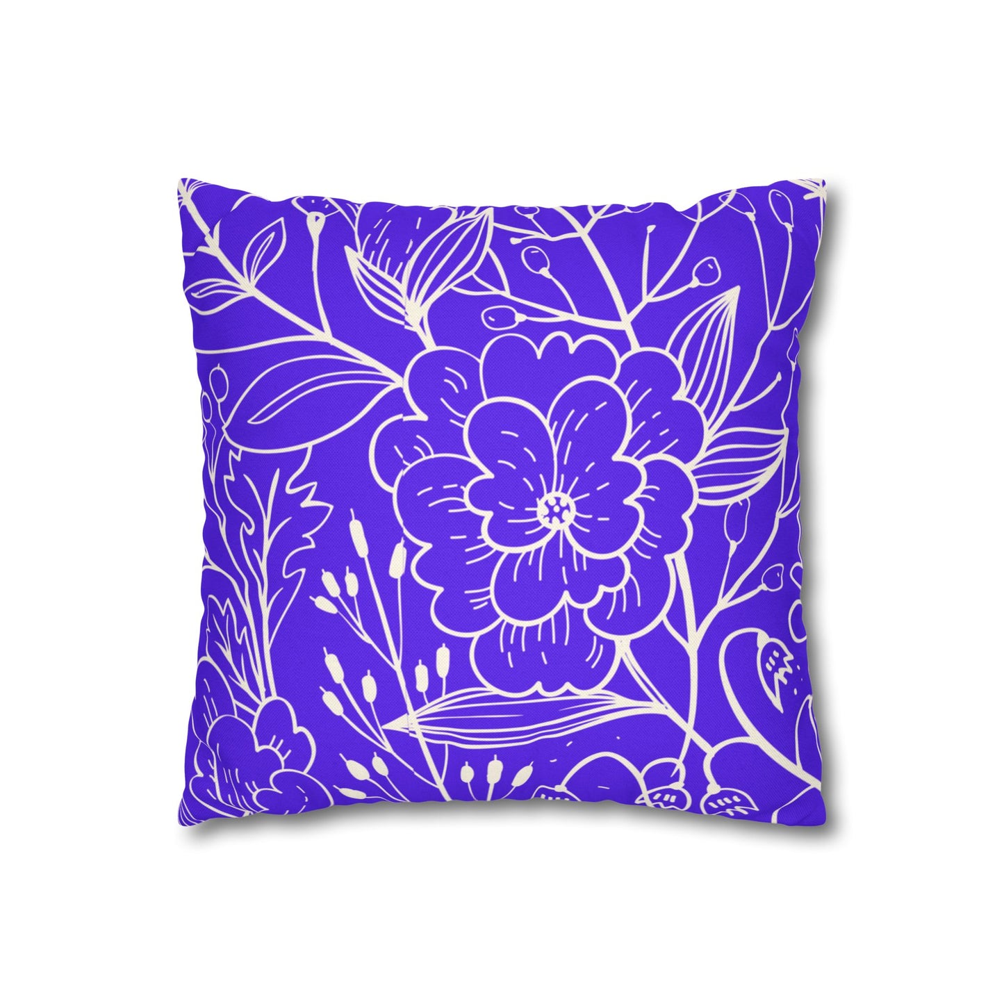 Floral Doodle Square Pillowcase — Bold Violet Botanical Throw Pillow Cover