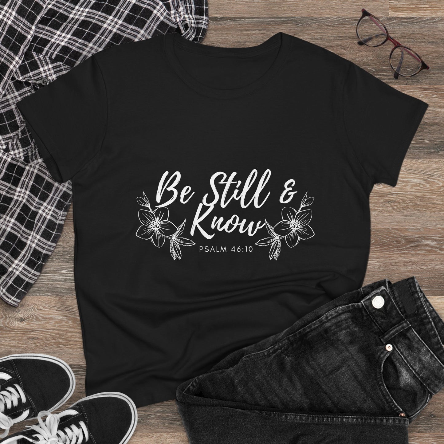 Be Still & Know Tee — Women's Faith Floral T‑Shirt (Psalm 46:10)