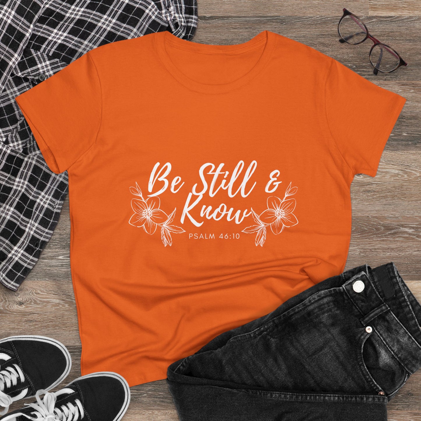 Be Still & Know Tee — Women's Faith Floral T‑Shirt (Psalm 46:10)